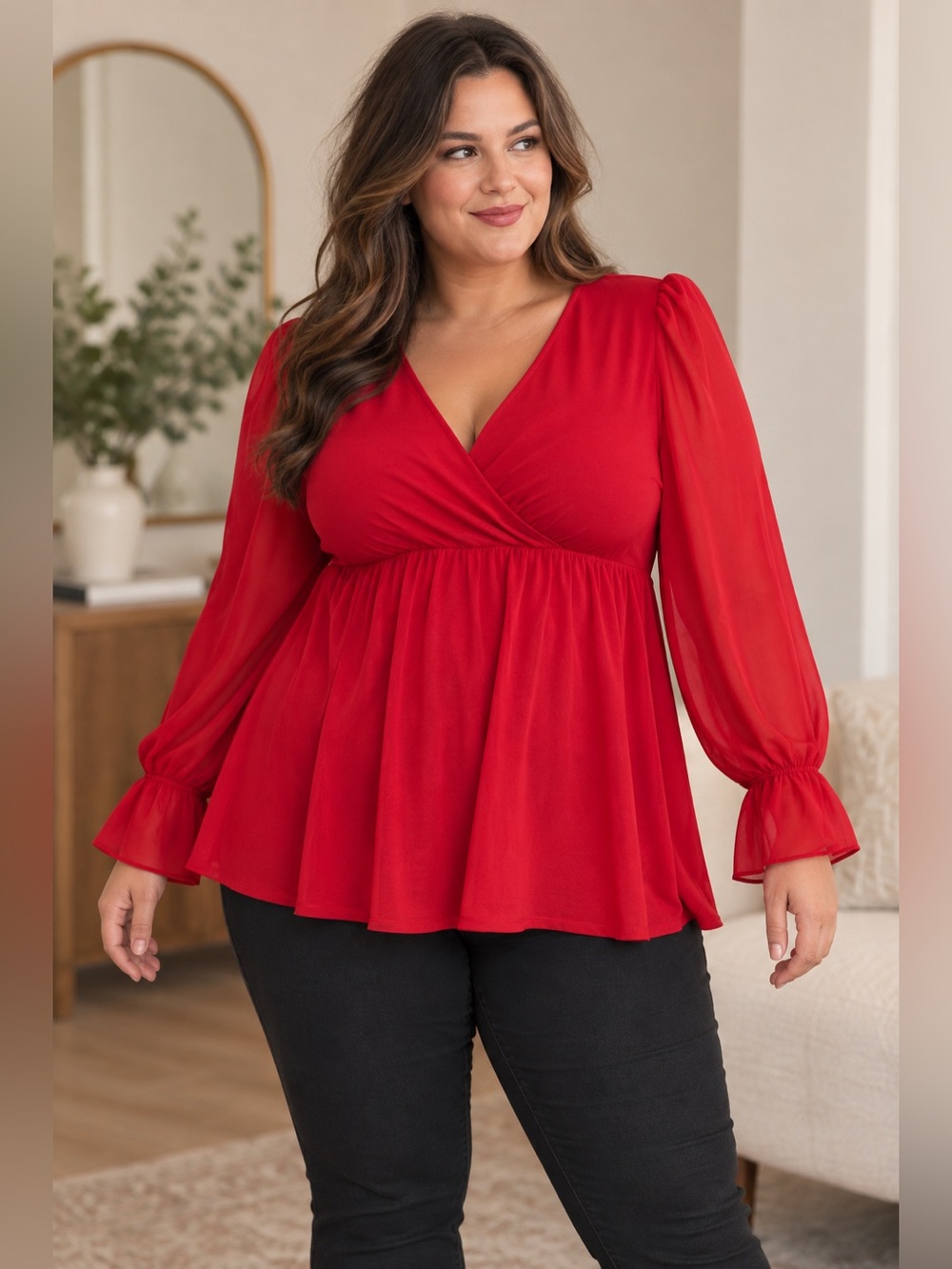 Torrid Studio Knit Red Surplice Babydoll Blouse Chiffon Sleeve 2X